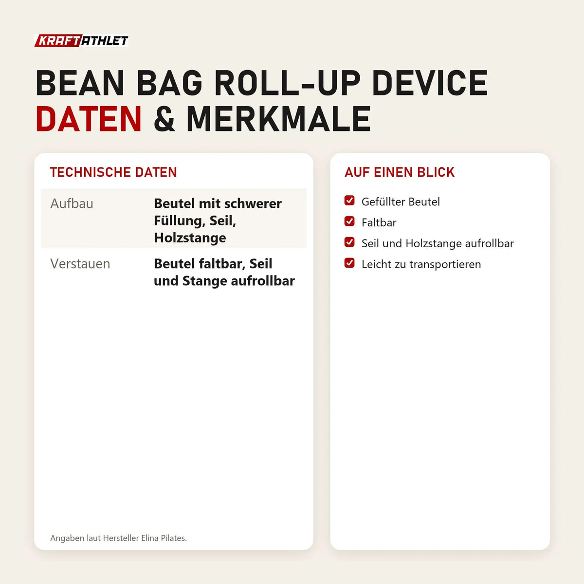 Technische Daten und Merkmale von Elina Pilates Bean Bag Roll-Up Device als Tabelle