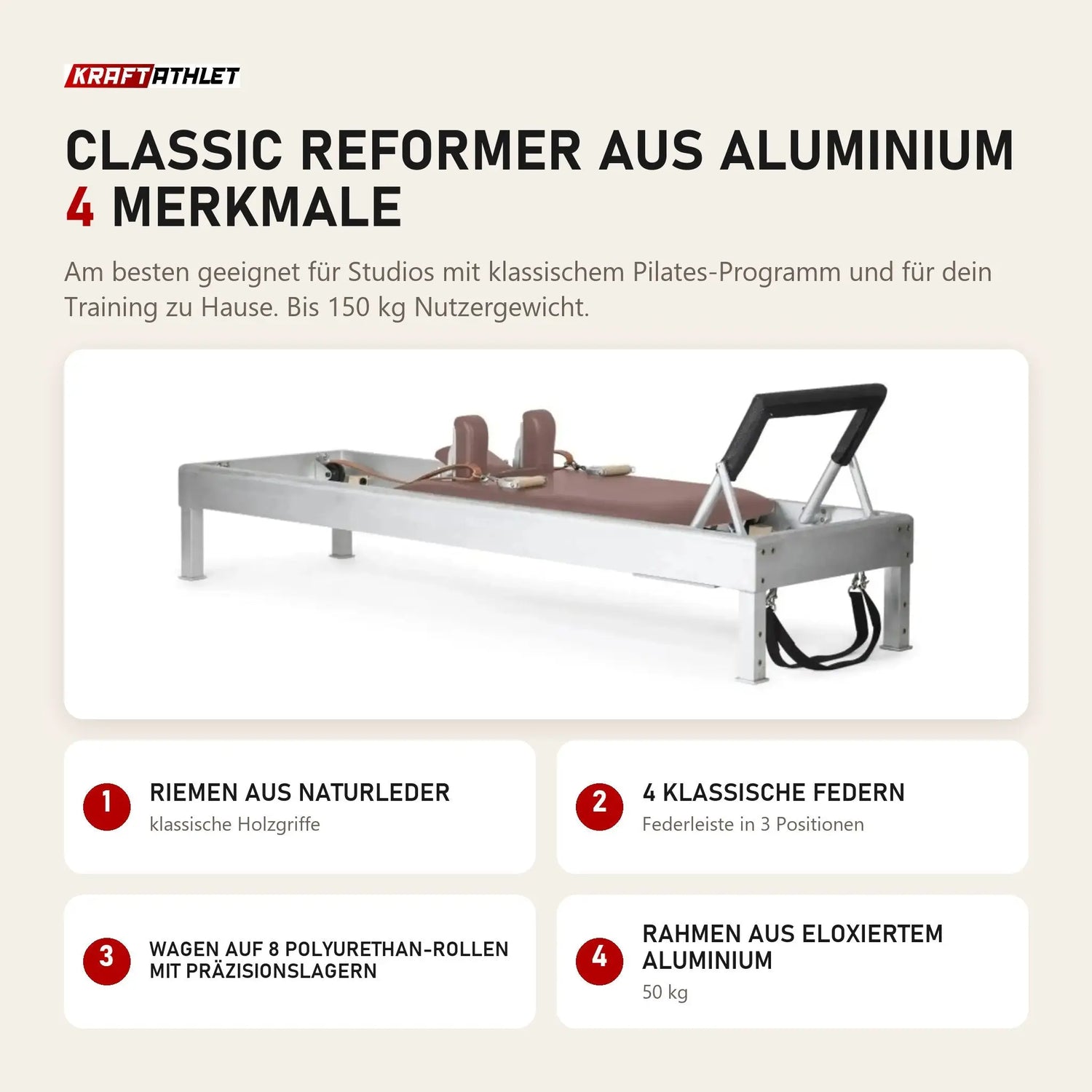 Elina Pilates Classic Reformer aus Aluminium mit 4 Merkmalen: Riemen aus Naturleder, 4 klassische Federn, Wagen auf 8 Polyurethan-Rollen mit Präzisionslagern, Rahmen aus eloxiertem Aluminium