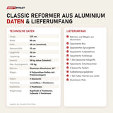 Technische Daten und Lieferumfang von Elina Pilates Classic Reformer aus Aluminium als Tabelle