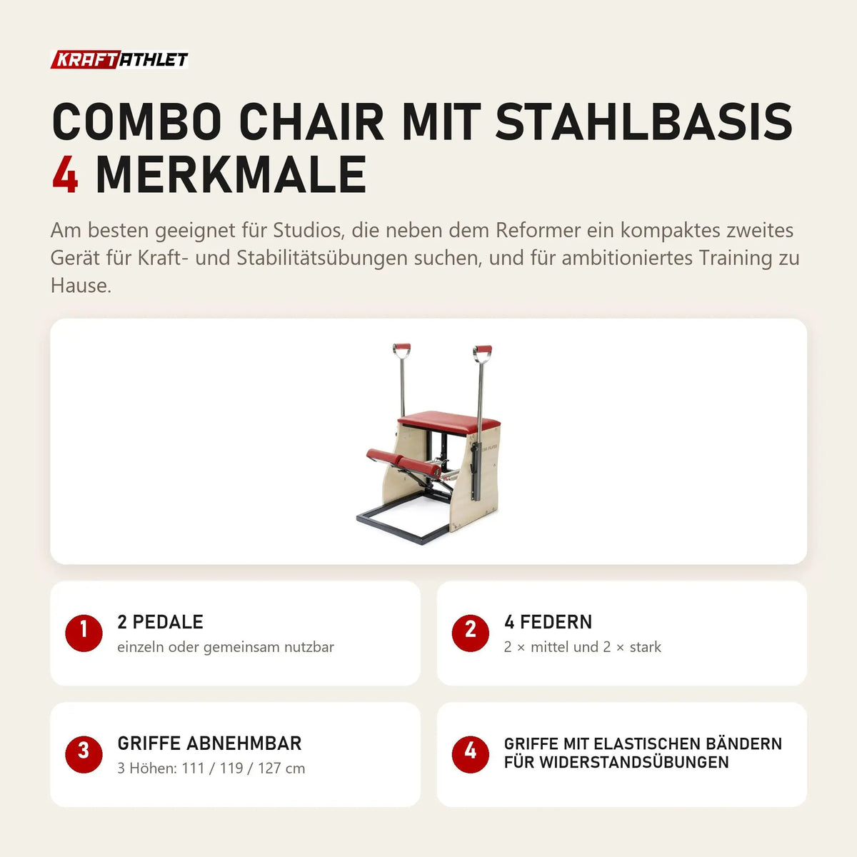 Elina Pilates Combo Chair mit Stahlbasis mit 4 Merkmalen: 2 Pedale, 4 Federn, Griffe abnehmbar, Griffe mit elastischen Bändern für Widerstandsübungen