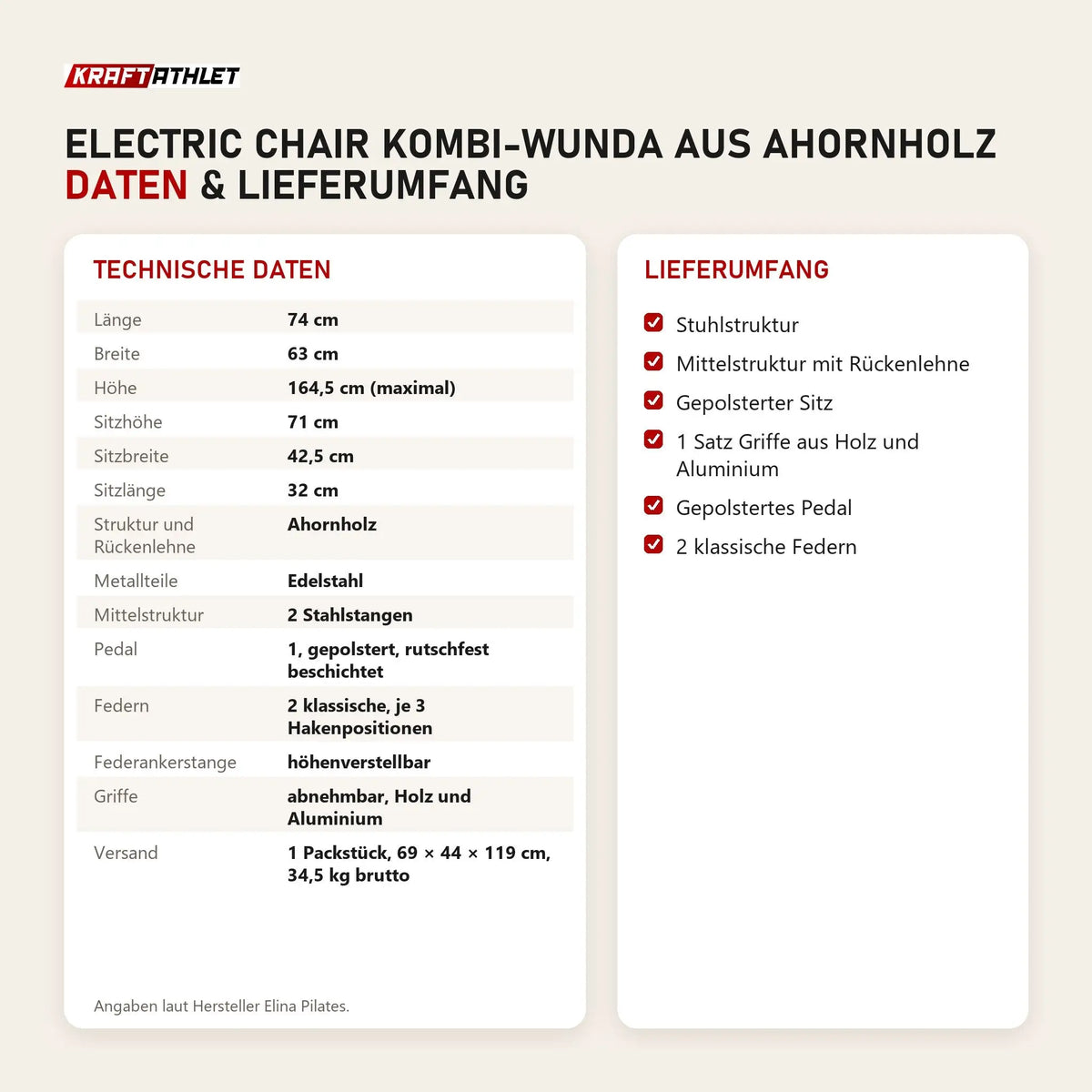 Technische Daten und Lieferumfang von Elina Pilates Electric Chair Kombi-Wunda aus Ahornholz als Tabelle