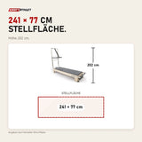 Maßbild Elina Pilates Elite Reformer mit Tower aus Ahornholz: Stellfläche 241 × 77 cm, Höhe 202 cm