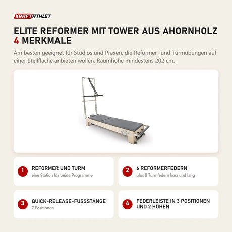 Elina Pilates Elite Reformer mit Tower aus Ahornholz mit 4 Merkmalen: Reformer und Turm, 6 Reformerfedern, Quick-Release-Fußstange, Federleiste in 3 Positionen und 2 Höhen