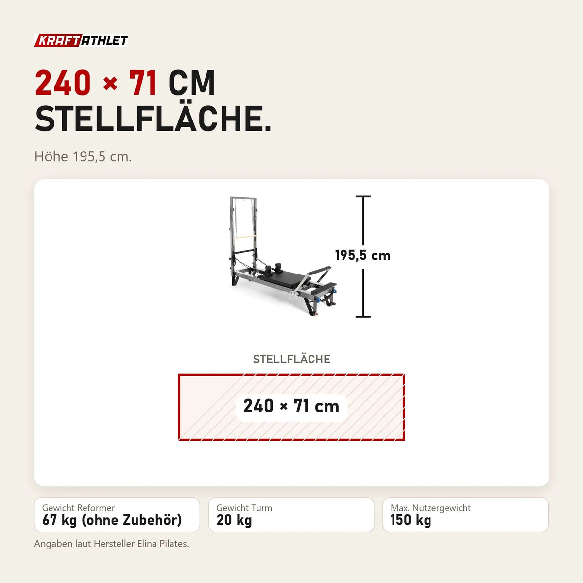 Maßbild Elina Pilates HL3 Reformer mit Tower aus Aluminium: Stellfläche 240 × 71 cm, Höhe 195,5 cm