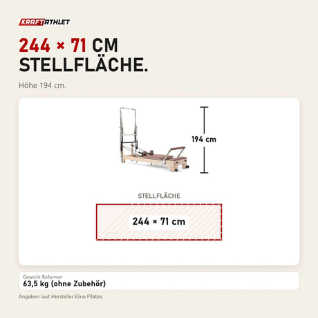Maßbild Elina Pilates Lignum Reformer mit Tower aus Holz: Stellfläche 244 × 71 cm, Höhe 194 cm