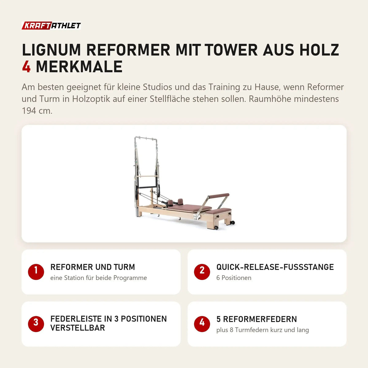 Elina Pilates Lignum Reformer mit Tower aus Holz mit 4 Merkmalen: Reformer und Turm, Quick-Release-Fußstange, Federleiste in 3 Positionen verstellbar, 5 Reformerfedern