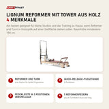 Elina Pilates Lignum Reformer mit Tower aus Holz mit 4 Merkmalen: Reformer und Turm, Quick-Release-Fußstange, Federleiste in 3 Positionen verstellbar, 5 Reformerfedern