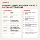 Technische Daten und Lieferumfang von Elina Pilates Lignum Reformer mit Tower aus Holz als Tabelle