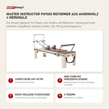 Elina Pilates Master Instructor Physio Reformer aus Ahornholz mit 4 Merkmalen: Liegefläche auf 60 cm, Mini-Turm mit Horizontalstange, Quick-Release-Fußstange, 6 Federn