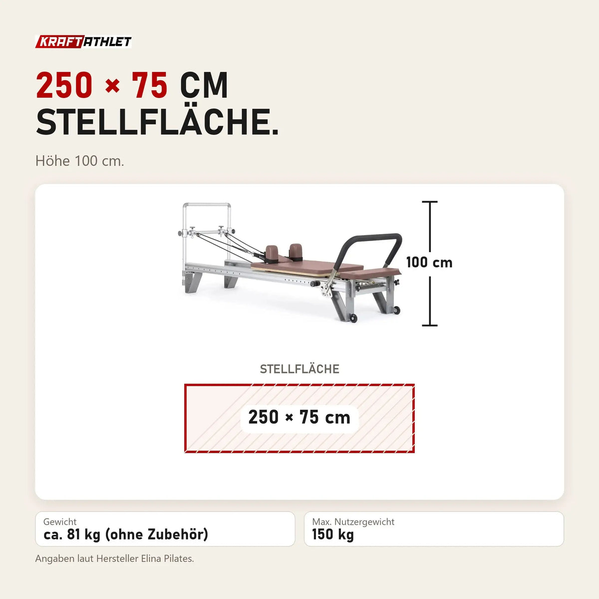 Maßbild Elina Pilates Mentor Reformer aus Aluminium: Stellfläche 250 × 75 cm, Höhe 100 cm