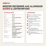 Technische Daten und Lieferumfang von Elina Pilates Mentor Reformer aus Aluminium als Tabelle