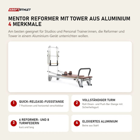 Elina Pilates Mentor Reformer mit Tower aus Aluminium mit 4 Merkmalen: Quick-Release-Fußstange, Vollständiger Turm, 6 Reformer- und 8 Turmfedern, Eloxiertes Aluminium
