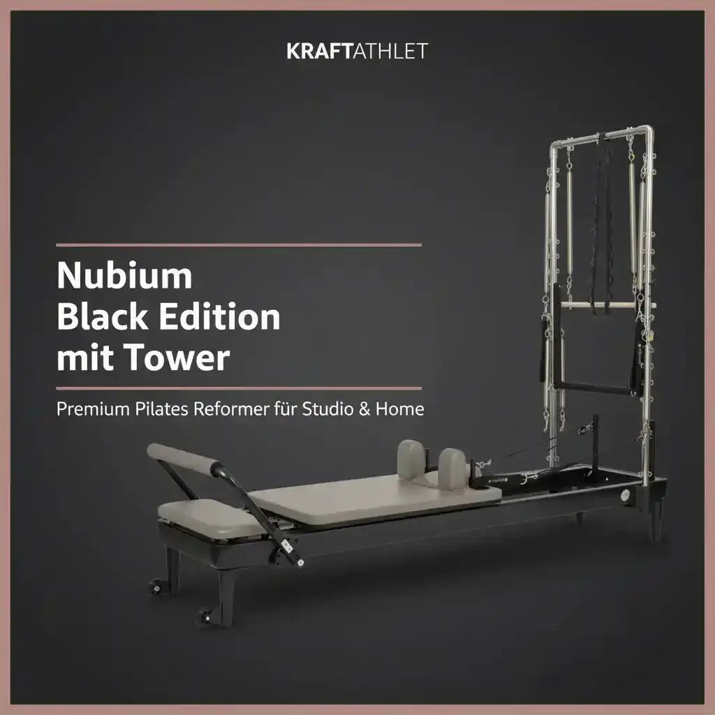 Elina Pilates Nubium Black Edition mit Tower, Titelgrafik in Schrägansicht vor dunklem Hintergrund