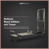 Elina Pilates Nubium Black Edition mit Tower, Titelgrafik in Schrägansicht vor dunklem Hintergrund