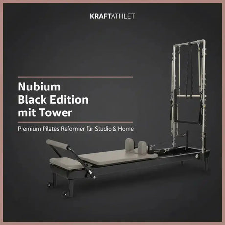 Elina Pilates Nubium Black Edition mit Tower, Titelgrafik in Schrägansicht vor dunklem Hintergrund