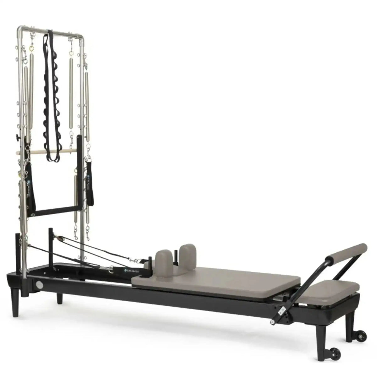 Elina Pilates Nubium Black Edition mit Tower, Schrägansicht mit Tower, Federn und grauem Polster