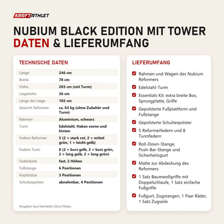 Technische Daten und Lieferumfang von Elina Pilates Nubium Black Edition mit Tower als Tabelle