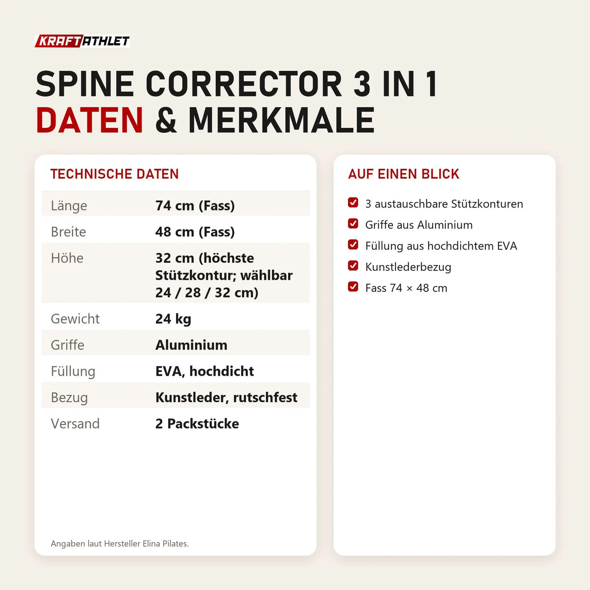 Technische Daten und Merkmale von Elina Pilates Spine Corrector 3 in 1 als Tabelle