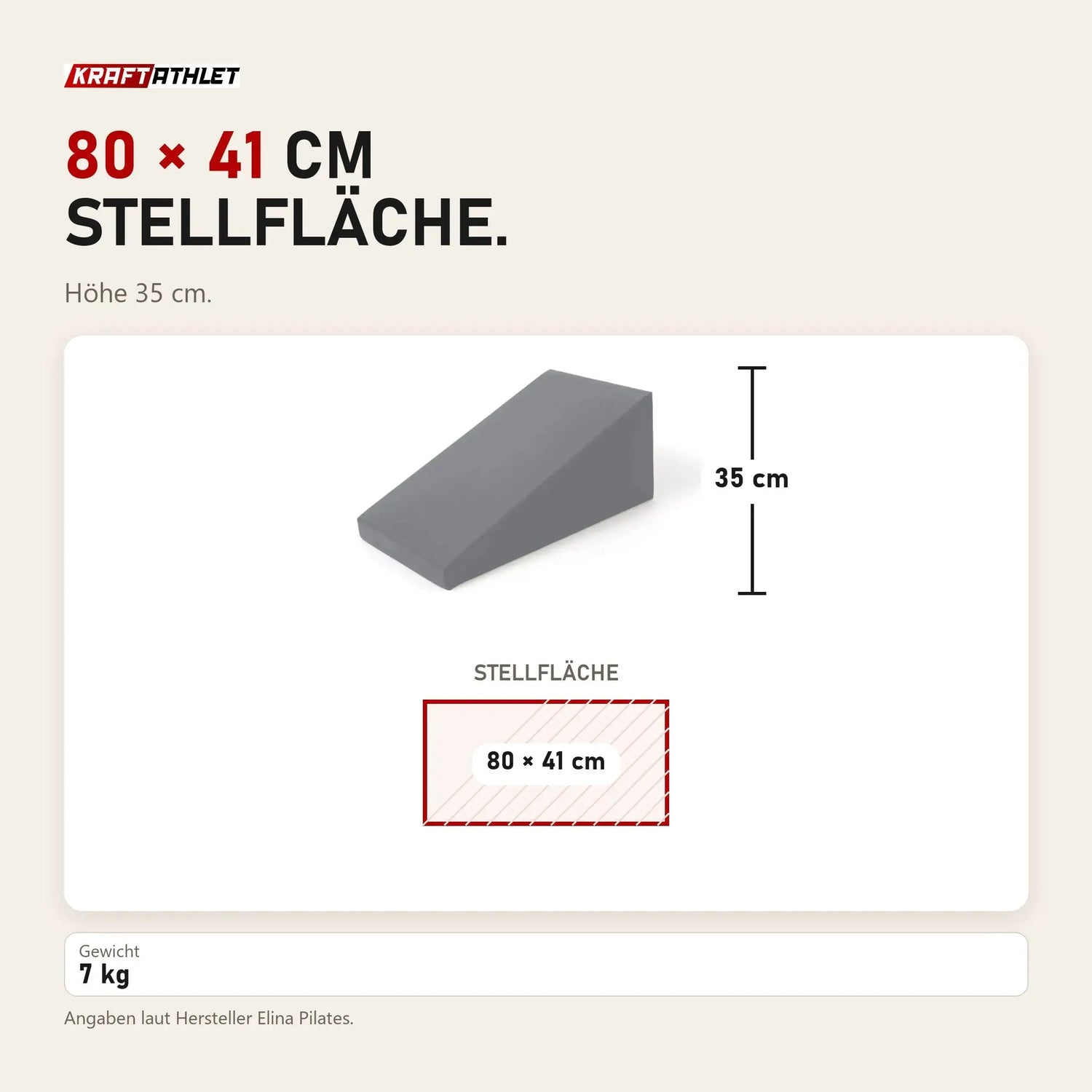 Maßbild Elina Pilates Triangle Spine Corrector in Keilform: Stellfläche 80 × 41 cm, Höhe 35 cm