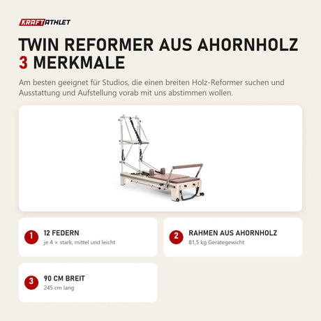 Elina Pilates Twin Reformer aus Ahornholz mit 3 Merkmalen: 12 Federn, Rahmen aus Ahornholz, 90 cm breit