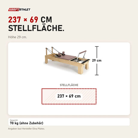 Maßbild Elina Pilates Wooden Reformer aus Rock-Ahorn: Stellfläche 237 × 69 cm, Höhe 29 cm