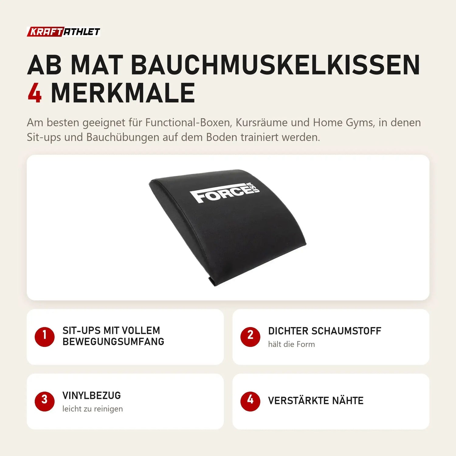 Force USA Ab Mat Bauchmuskelkissen mit 4 Merkmalen: Sit-ups mit vollem Bewegungsumfang, Dichter Schaumstoff, Vinylbezug, Verstärkte Nähte
