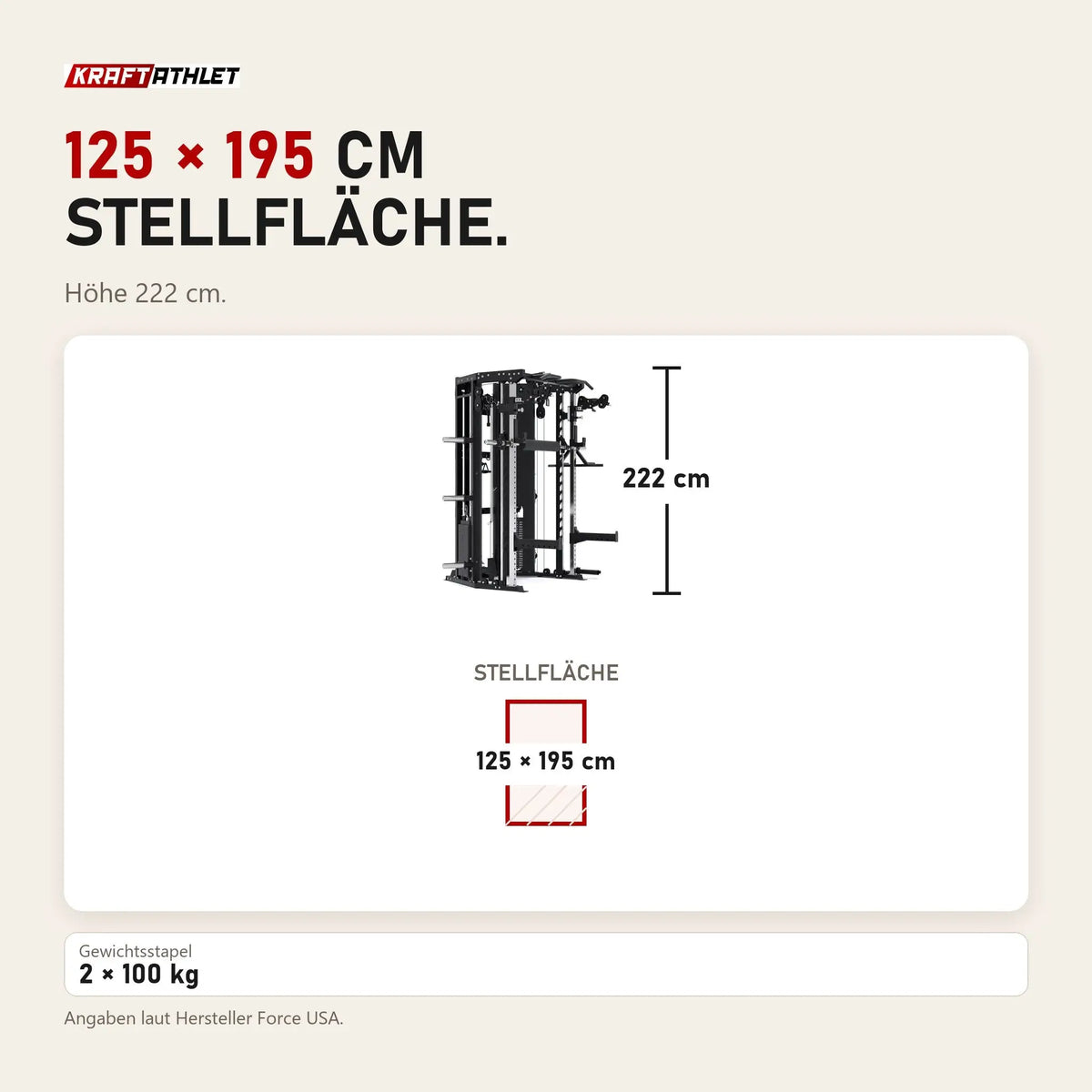 Maßbild Force USA C10 All-In-One Trainer: Stellfläche 125 × 195 cm, Höhe 222 cm