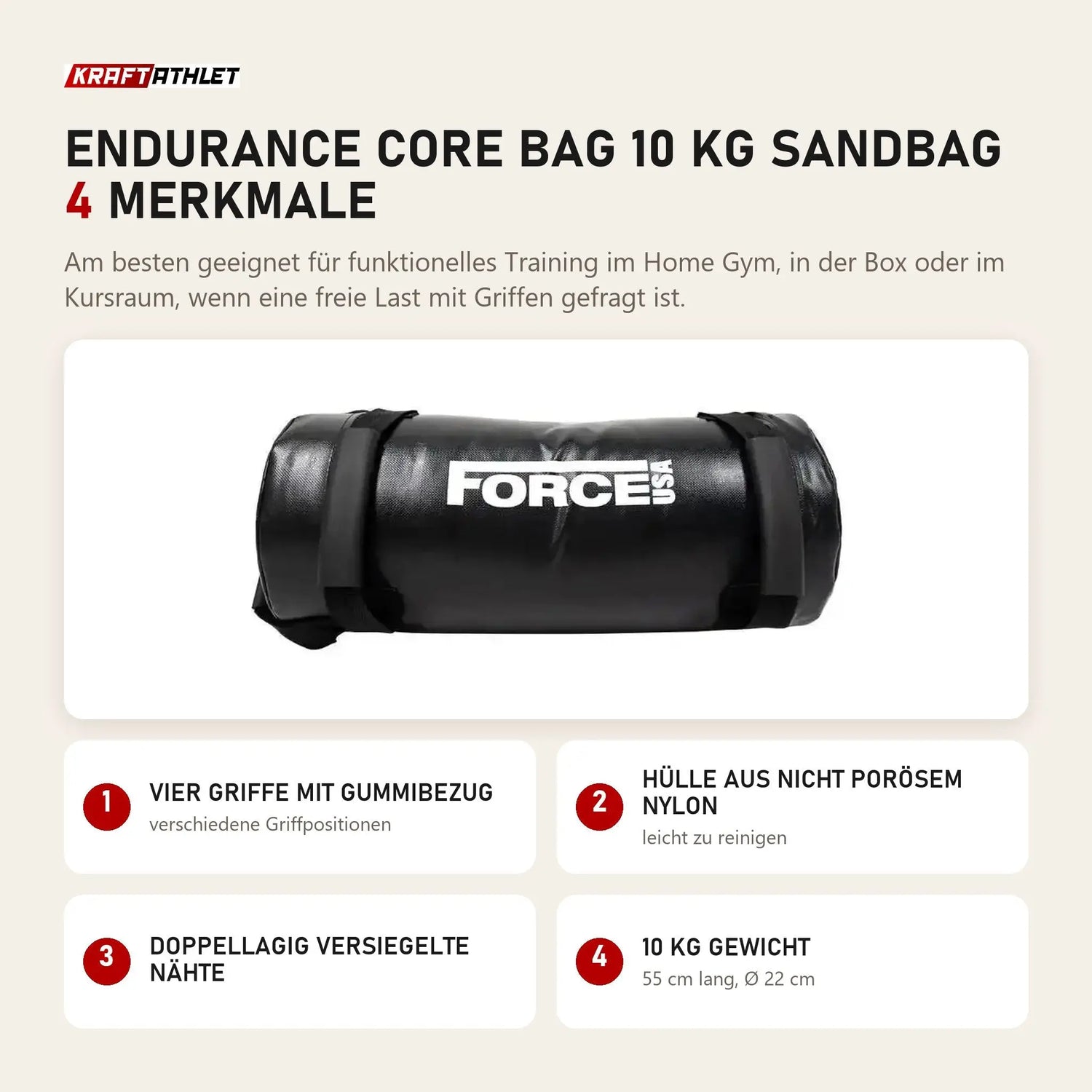 Force USA Endurance Core Bag 10 kg Sandbag mit 4 Merkmalen: Vier Griffe mit Gummibezug, Hülle aus nicht porösem Nylon, Doppellagig versiegelte Nähte, 10 kg Gewicht