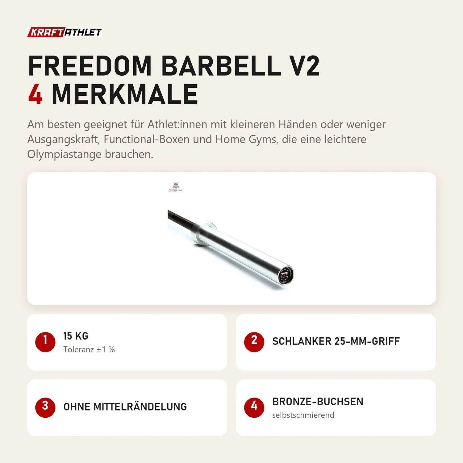 Force USA Freedom Barbell V2 mit 4 Merkmalen: 15 kg, Schlanker 25-mm-Griff, Ohne Mittelrändelung, Bronze-Buchsen