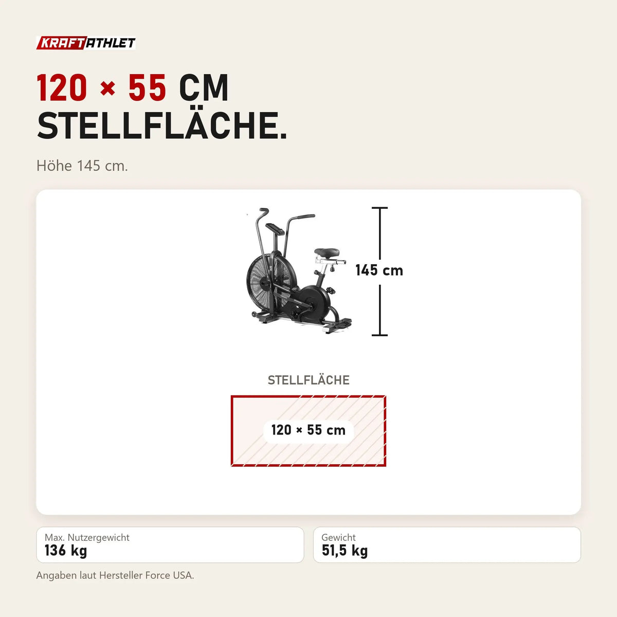 Maßbild Force USA Freeform Air Bike: Stellfläche 120 × 55 cm, Höhe 145 cm