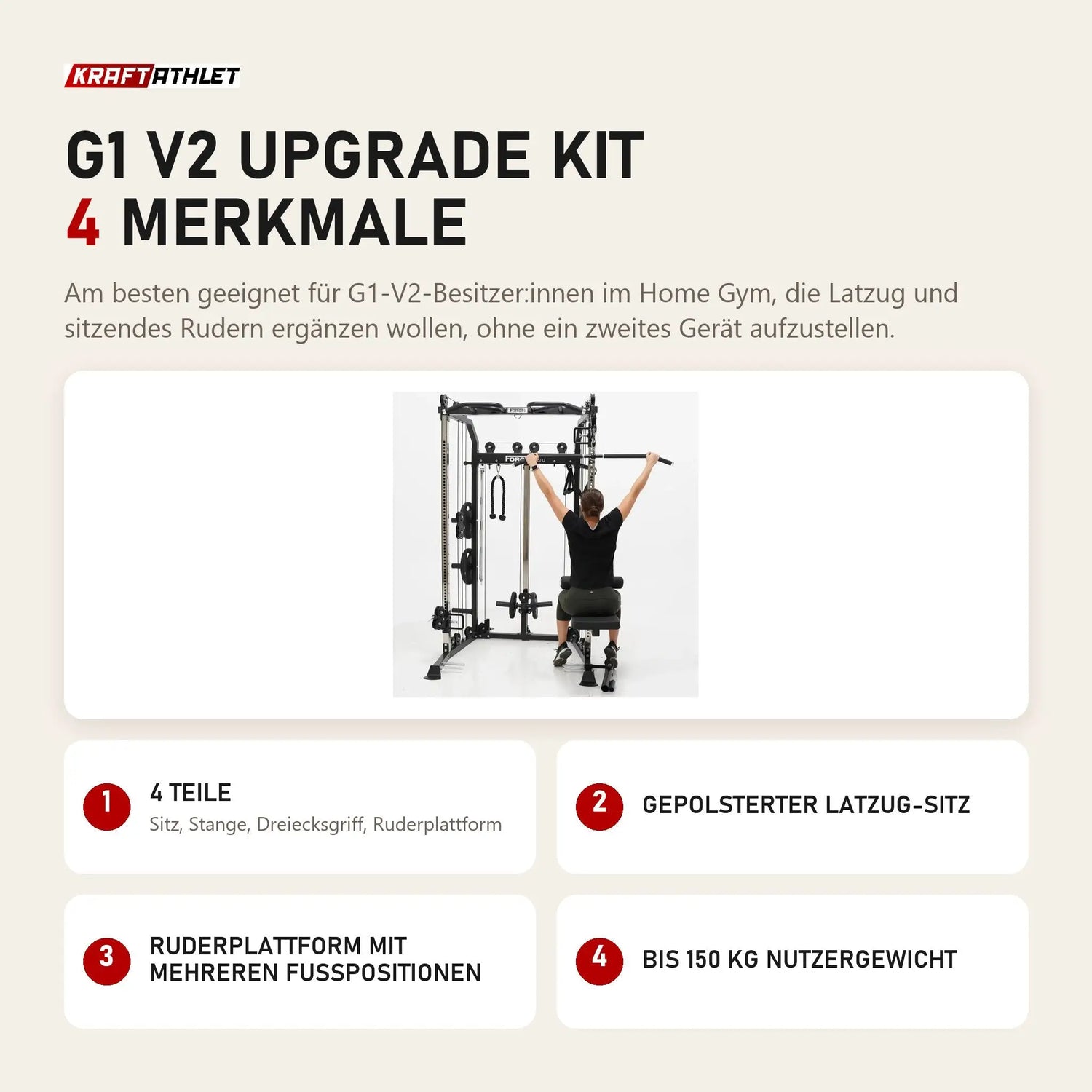 Force USA G1 V2 Upgrade Kit mit 4 Merkmalen: 4 Teile, Gepolsterter Latzug-Sitz, Ruderplattform mit mehreren Fußpositionen, Bis 150 kg Nutzergewicht
