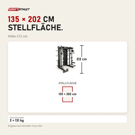 Maßbild Force USA G15 Compact All-In-One Trainer: Stellfläche 135 × 202 cm, Höhe 212 cm
