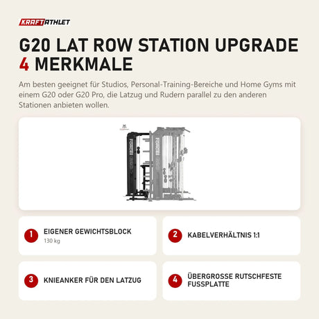 Force USA G20 Lat Row Station Upgrade mit 4 Merkmalen: Eigener Gewichtsblock, Kabelverhältnis 1:1, Knieanker für den Latzug, Übergroße rutschfeste Fußplatte