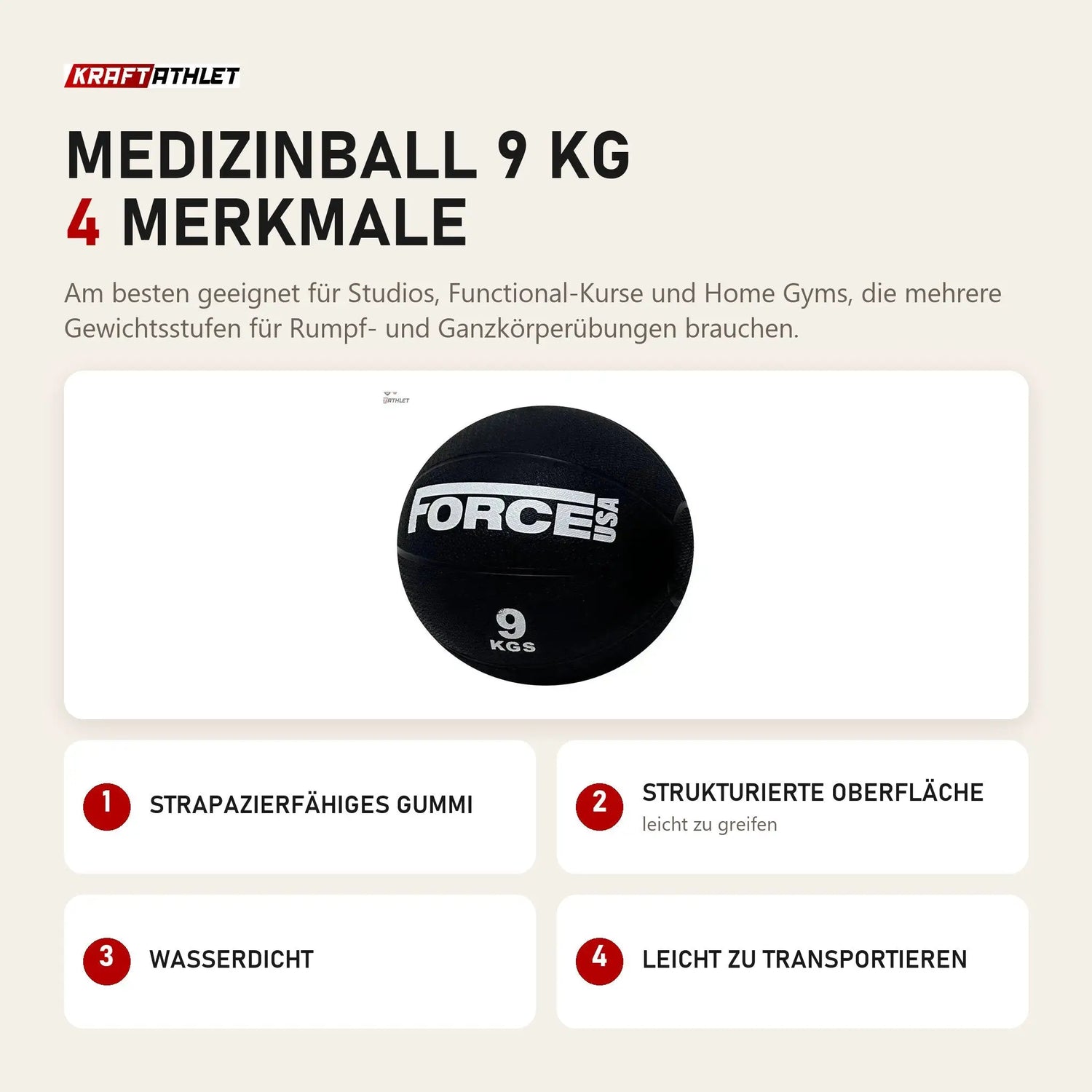 Force USA Medizinball 9 kg mit 4 Merkmalen: Strapazierfähiges Gummi, Strukturierte Oberfläche, Wasserdicht, Leicht zu transportieren