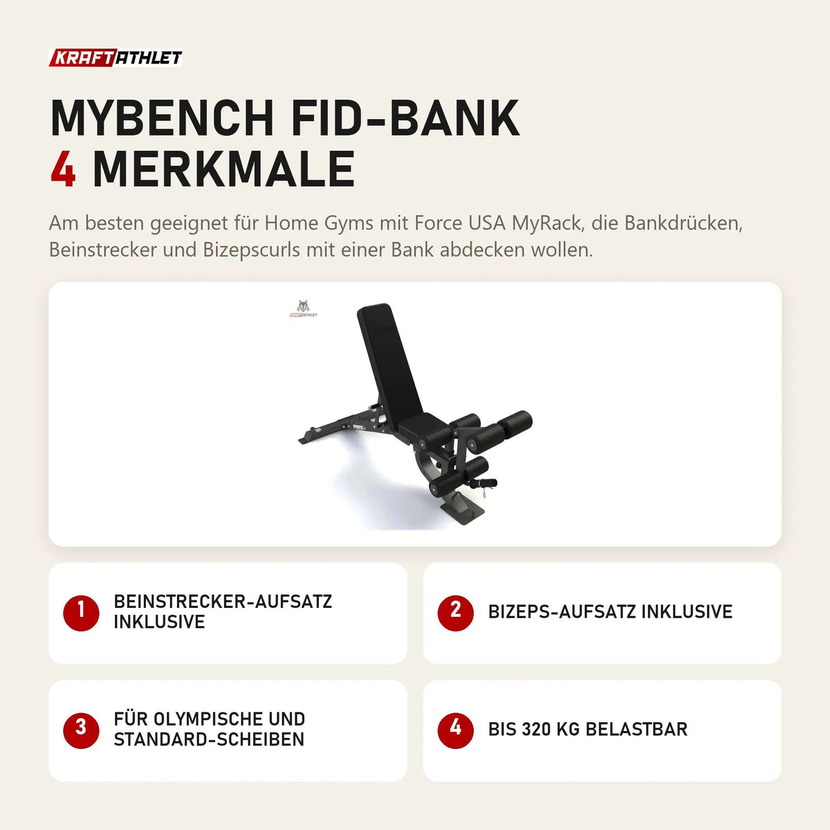 Force USA MyBench FID-Bank mit 4 Merkmalen: Beinstrecker-Aufsatz inklusive, Bizeps-Aufsatz inklusive, Für olympische und Standard-Scheiben, Bis 320 kg belastbar