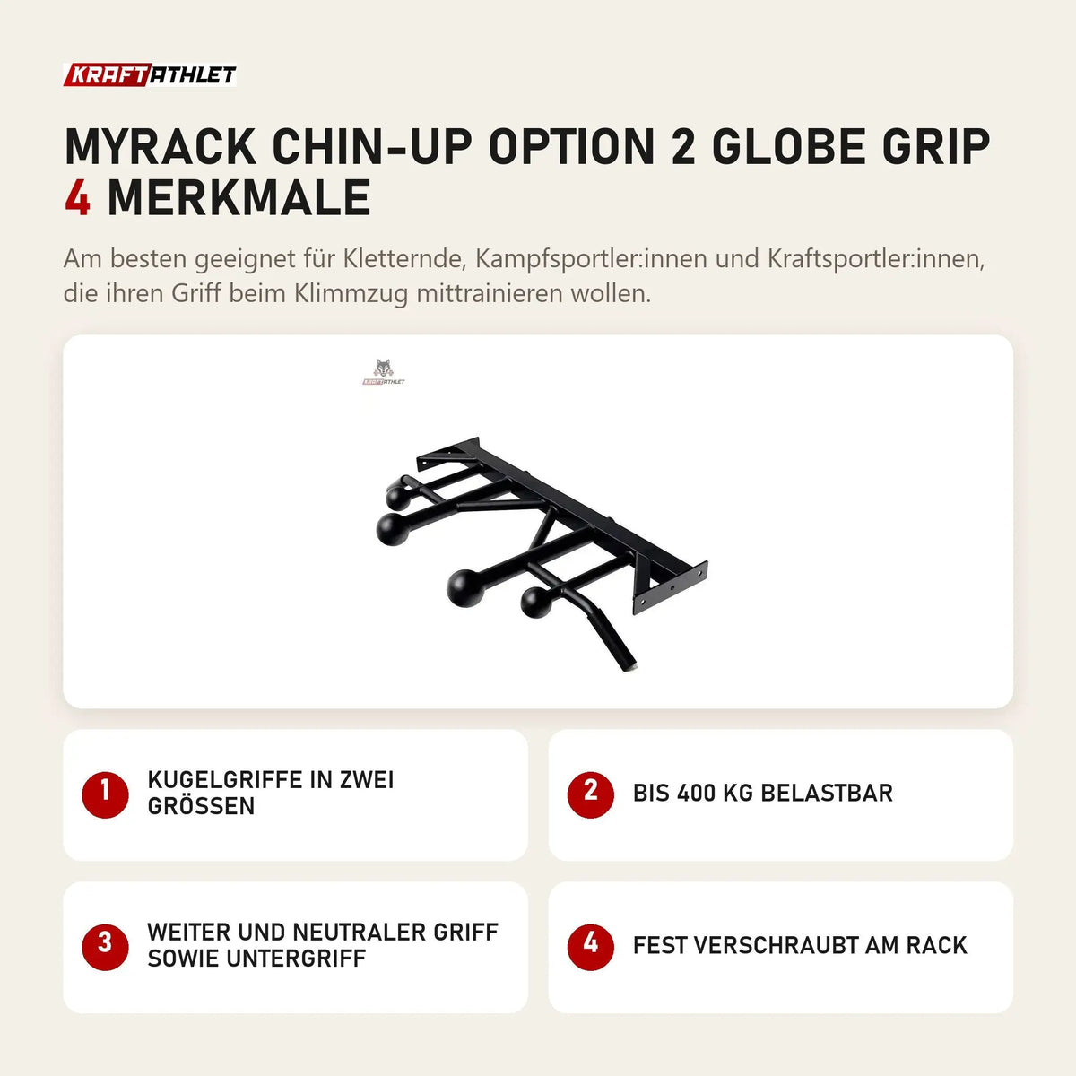 Force USA MyRack Chin-Up Option 2 Globe Grip mit 4 Merkmalen: Kugelgriffe in zwei Größen, Bis 400 kg belastbar, Weiter und neutraler Griff sowie Untergriff, Fest verschraubt am Rack