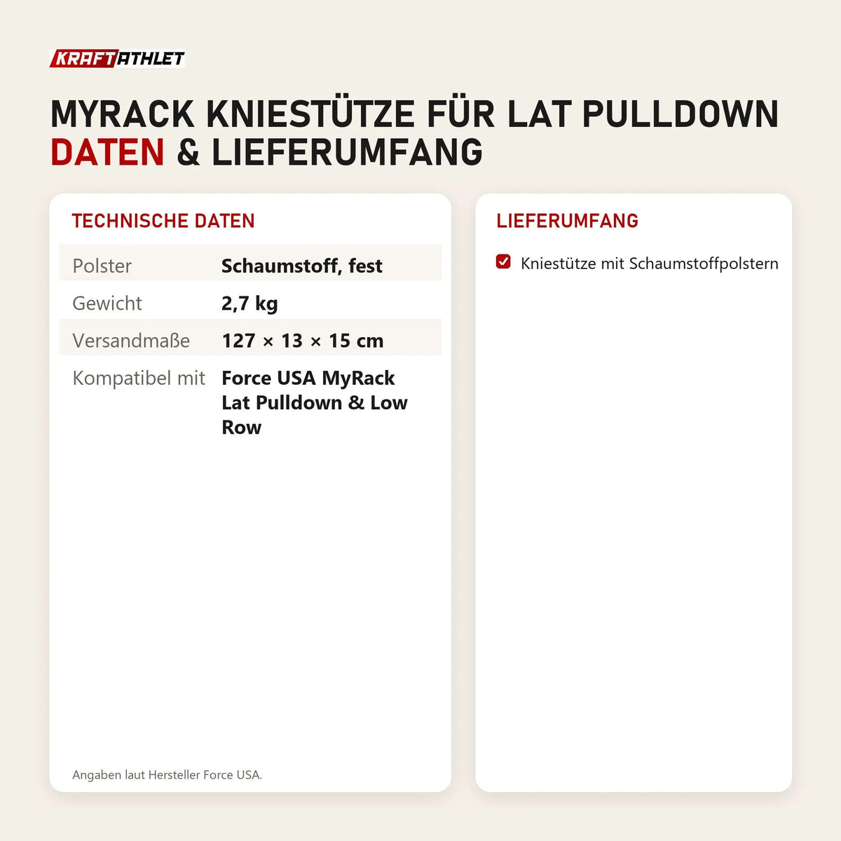 Technische Daten und Lieferumfang von Force USA MyRack Kniestütze für Lat Pulldown als Tabelle