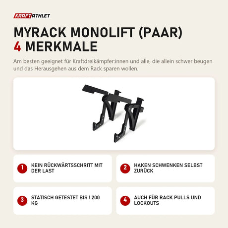 Force USA MyRack Monolift (Paar) mit 4 Merkmalen: Kein Rückwärtsschritt mit der Last, Haken schwenken selbst zurück, Statisch getestet bis 1.200 kg, Auch für Rack Pulls und Lockouts