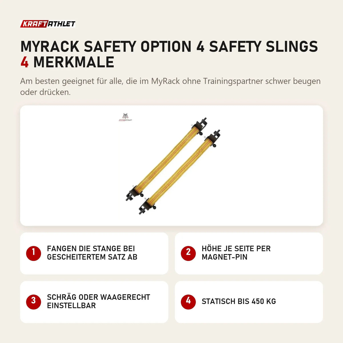 Force USA MyRack Safety Option 4 Safety Slings mit 4 Merkmalen: Fangen die Stange bei gescheitertem Satz ab, Höhe je Seite per Magnet-Pin, Schräg oder waagerecht einstellbar, Statisch bis 450 kg
