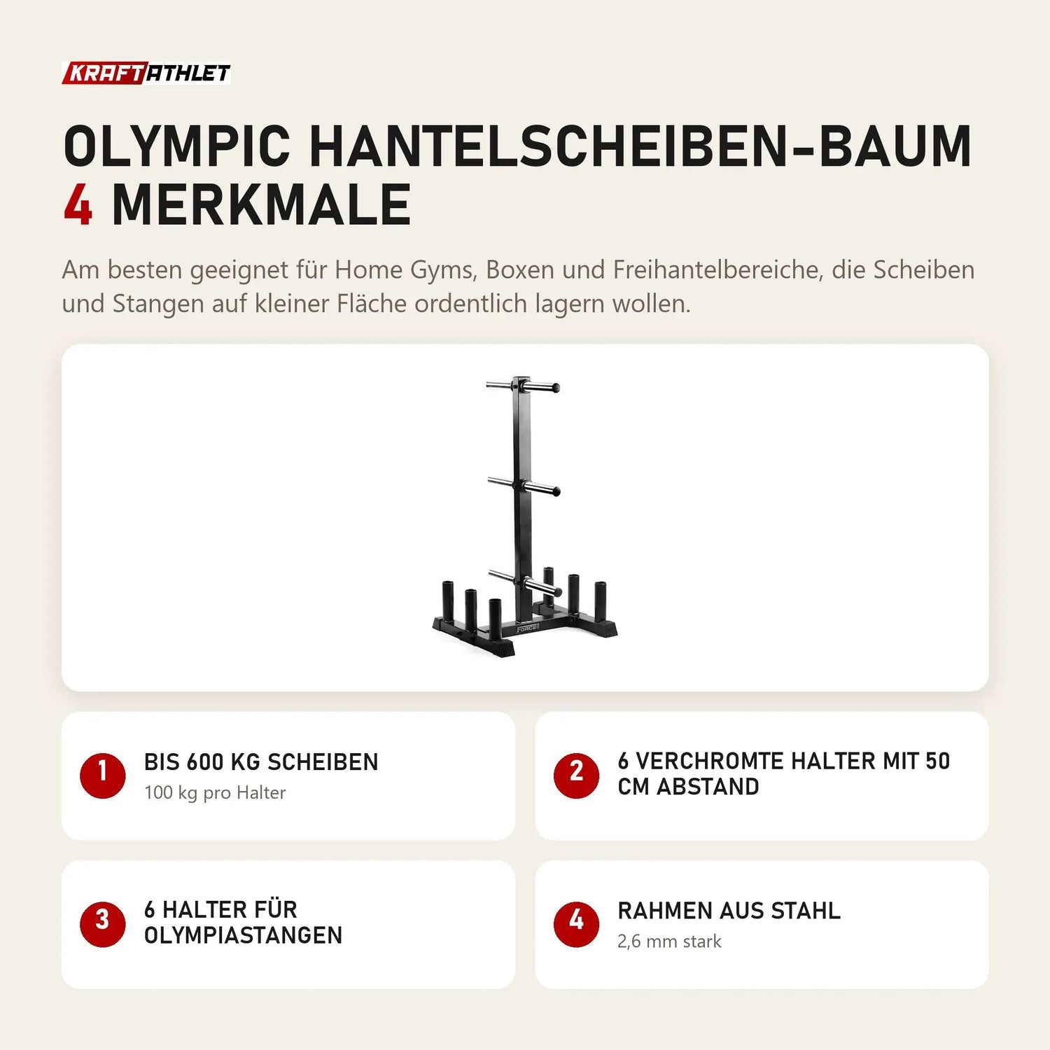 Force USA Olympic Hantelscheiben-Baum mit 4 Merkmalen: Bis 600 kg Scheiben, 6 verchromte Halter mit 50 cm Abstand, 6 Halter für Olympiastangen, Rahmen aus Stahl