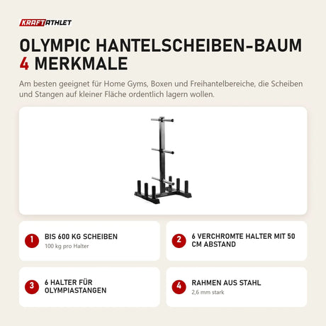 Force USA Olympic Hantelscheiben-Baum mit 4 Merkmalen: Bis 600 kg Scheiben, 6 verchromte Halter mit 50 cm Abstand, 6 Halter für Olympiastangen, Rahmen aus Stahl