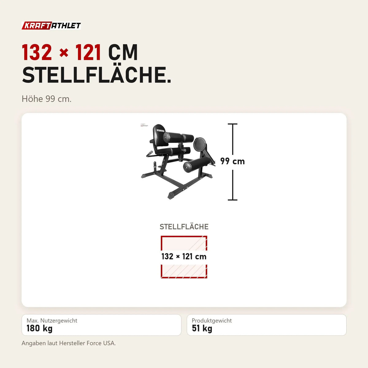 Maßbild Force USA Quadrizeps- und Beinbeuger-Maschine V3: Stellfläche 132 × 121 cm, Höhe 99 cm