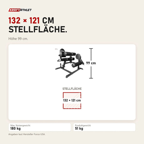 Maßbild Force USA Quadrizeps- und Beinbeuger-Maschine V3: Stellfläche 132 × 121 cm, Höhe 99 cm