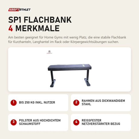 Force USA SP1 Flachbank mit 4 Merkmalen: Bis 250 kg inkl. Nutzer, Rahmen aus dickwandigem Stahl, Polster aus hochdichtem Schaumstoff, Reißfester netzverstärkter Bezug