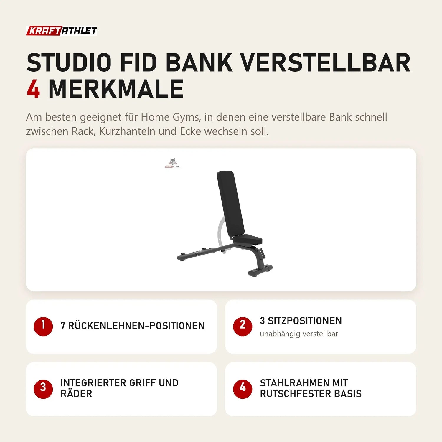 Force USA Studio FID Bank verstellbar mit 4 Merkmalen: 7 Rückenlehnen-Positionen, 3 Sitzpositionen, Integrierter Griff und Räder, Stahlrahmen mit rutschfester Basis