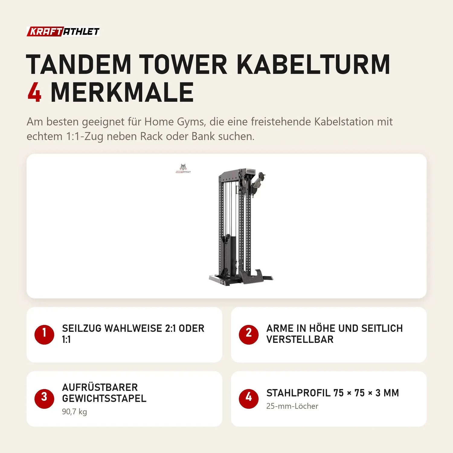 Force USA Tandem Tower Kabelturm mit 4 Merkmalen: Seilzug wahlweise 2:1 oder 1:1, Arme in Höhe und seitlich verstellbar, Aufrüstbarer Gewichtsstapel, Stahlprofil 75 × 75 × 3 mm