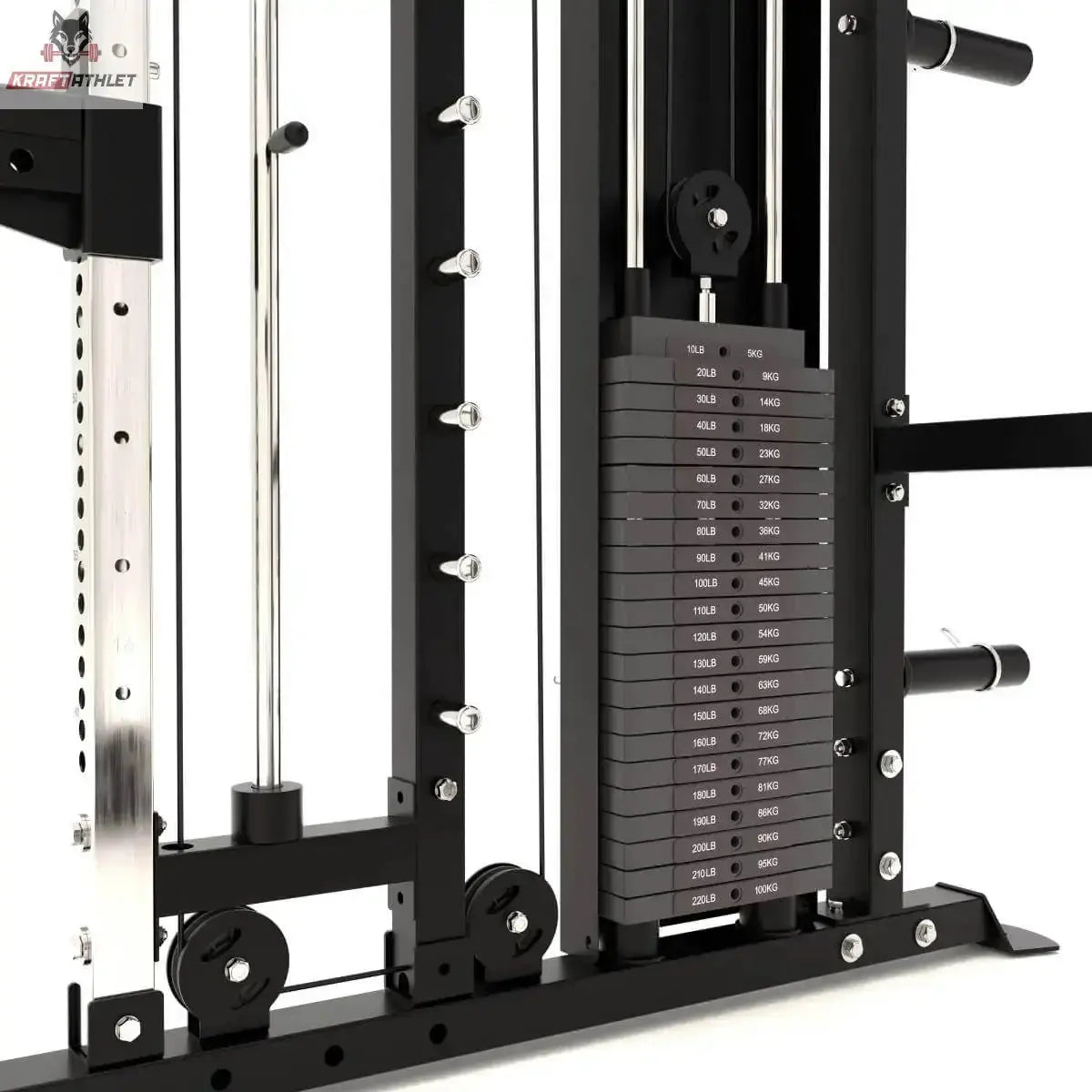 Force USA Tandem Tower Zusatzgewicht 1 × 22,5 kg, Gewichtsstapel im Turm mit Führungsstangen, Frontansicht