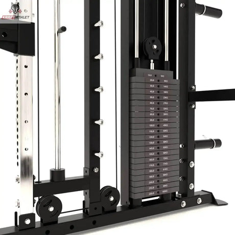 Force USA Tandem Tower Zusatzgewicht 1 × 22,5 kg, Gewichtsstapel im Turm mit Führungsstangen, Frontansicht
