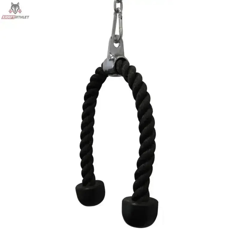 Force USA Tricep Rope Trizepsseil, Schrägansicht von links mit geöffnetem Karabiner und geflochtenem Seil