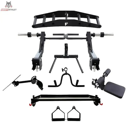 Force USA X15 & X20 Pro Upgrade Kit: alle Einzelteile des Kits ausgelegt, mit Griffen, Stangen und Polsteraufsatz
